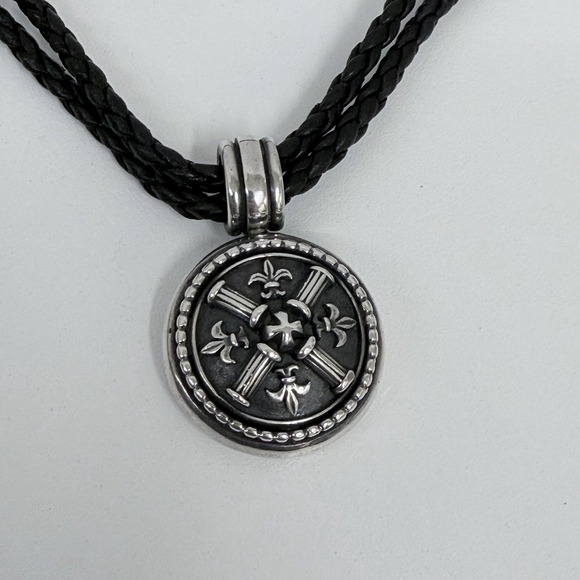 B.C. Silver Ned Bowman Sterling Fleur de Lis Column Pendant Leather Necklace - Picture 3 of 12